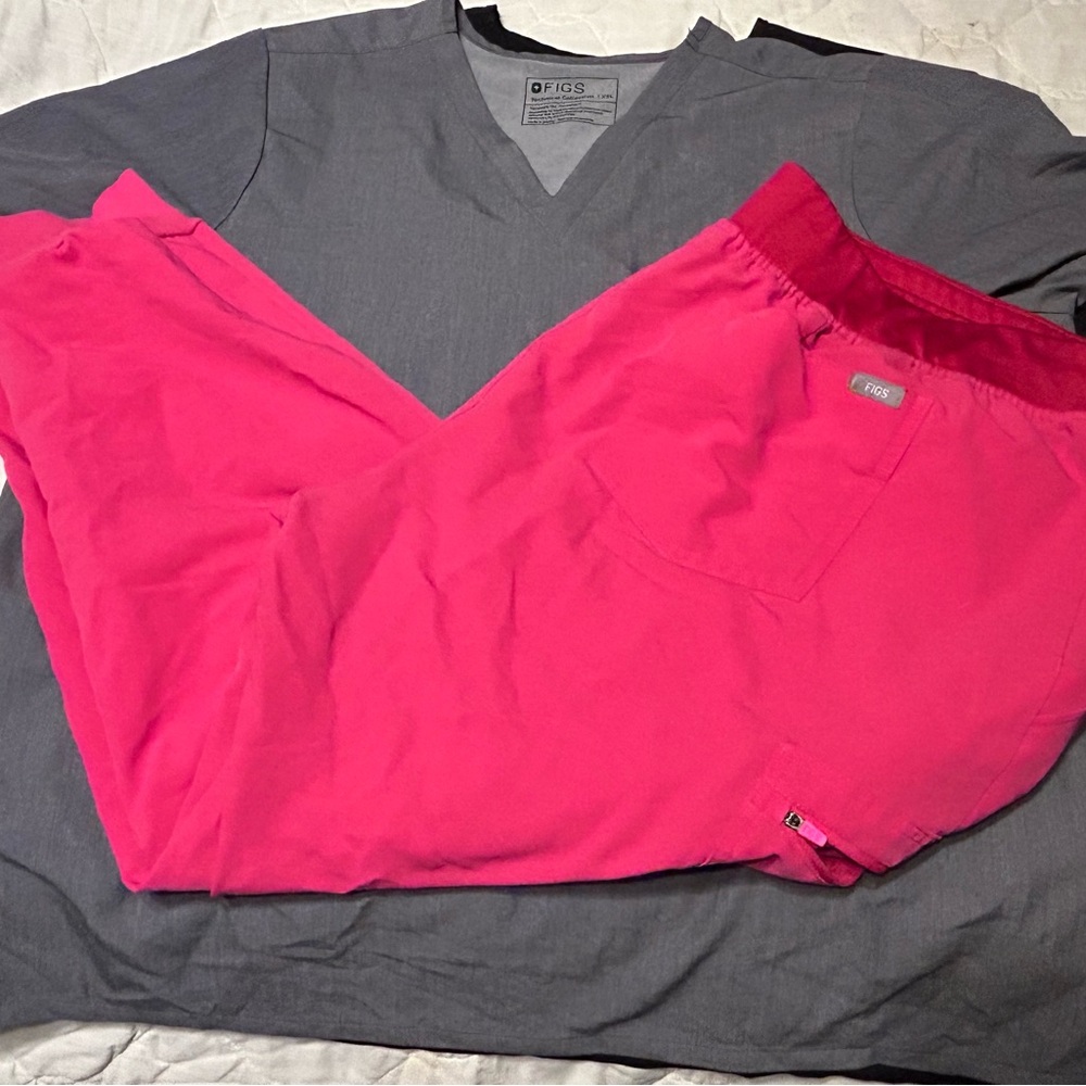 Figs Gray V-Neck Scrub Top with Bright Pink Pants